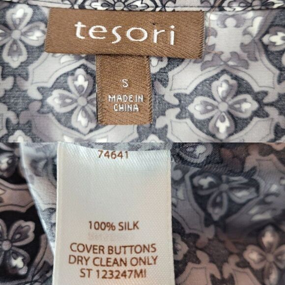 Tresori Silk Blouse Long Sleeve Spread Dagger Collar Button Up S Gray Retro 70s - Picture 3 of 12